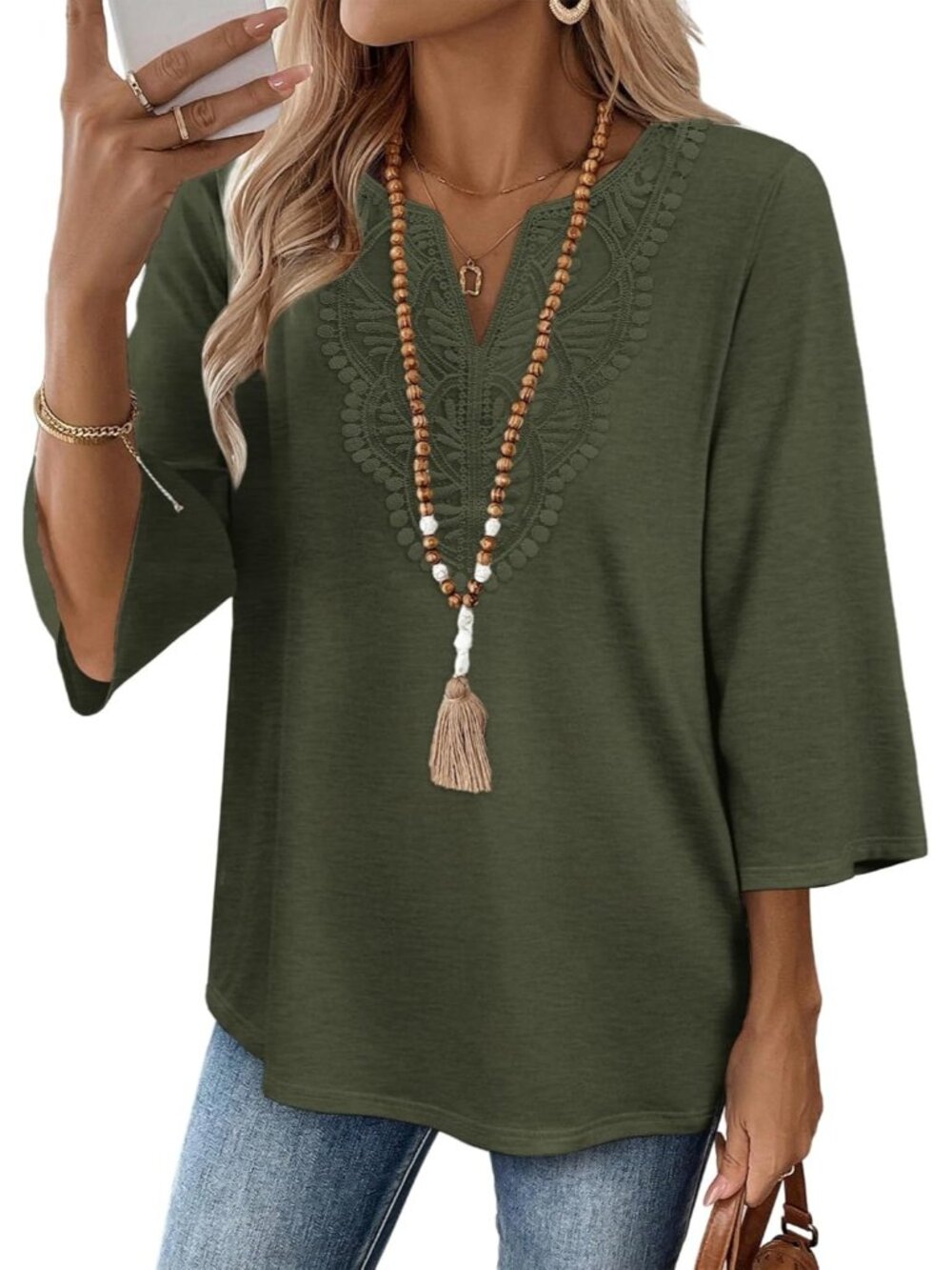 Women's Tops Green 3/4 Length Sleeve Boho V Neck Lace Casual Vacation Clothes